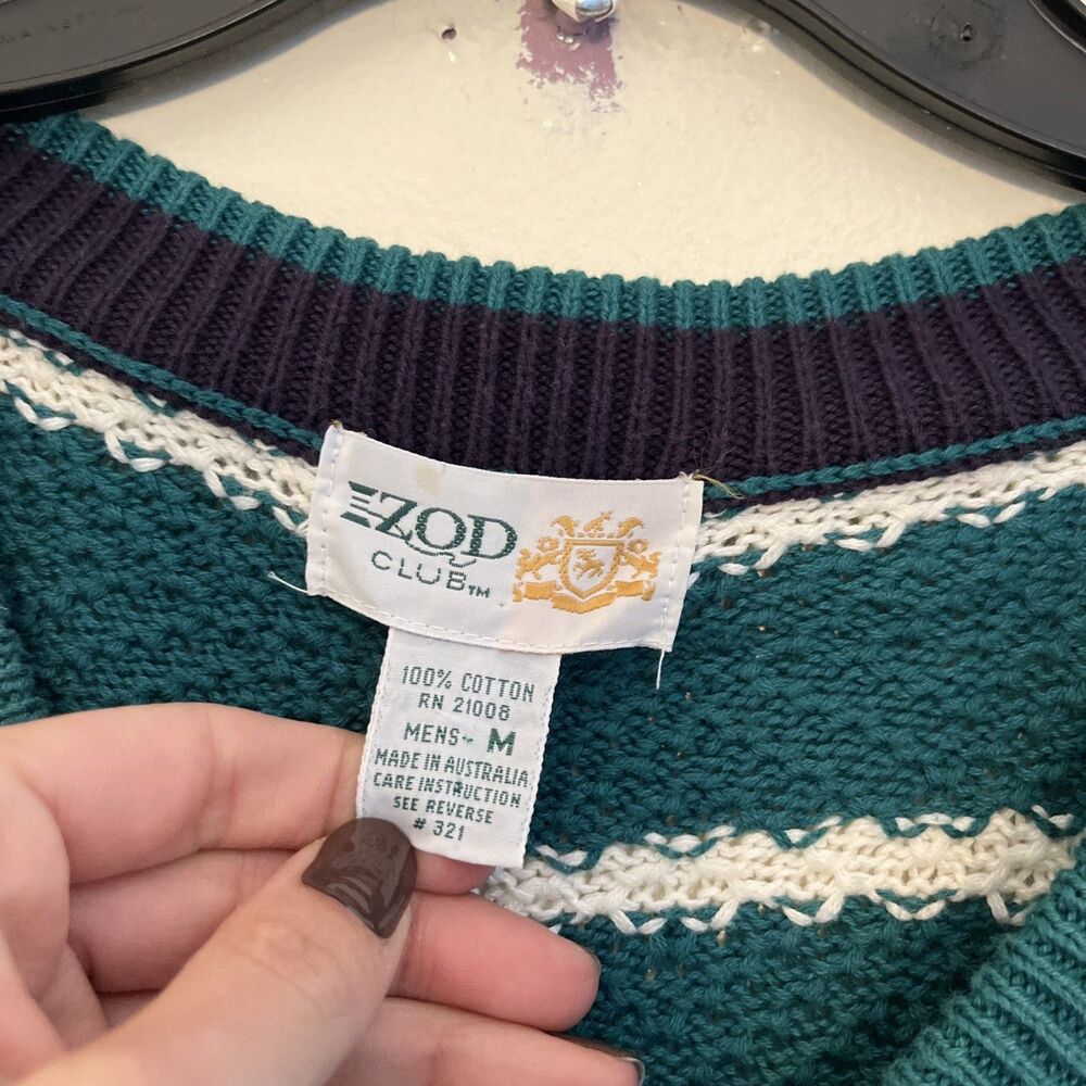 IZOD Vintage 80s Aztec Cotton Striped Grandpa Knit V Neck Sweater, Teal- Med. - Picture 6 of 9